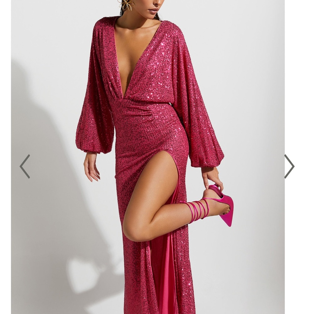 ARLINGTON MIDI DRESS - SEQUIN LONG SLEEVE DRESS IN HOT PINK - Picture 2 of 5